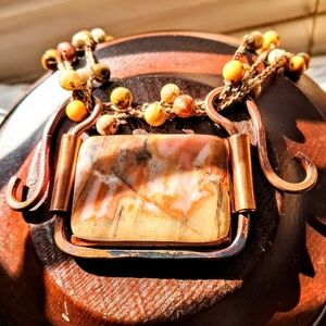 OOAK Stunning Handmade Crazy Lace Agate Copper Pendant Brutalist Necklace